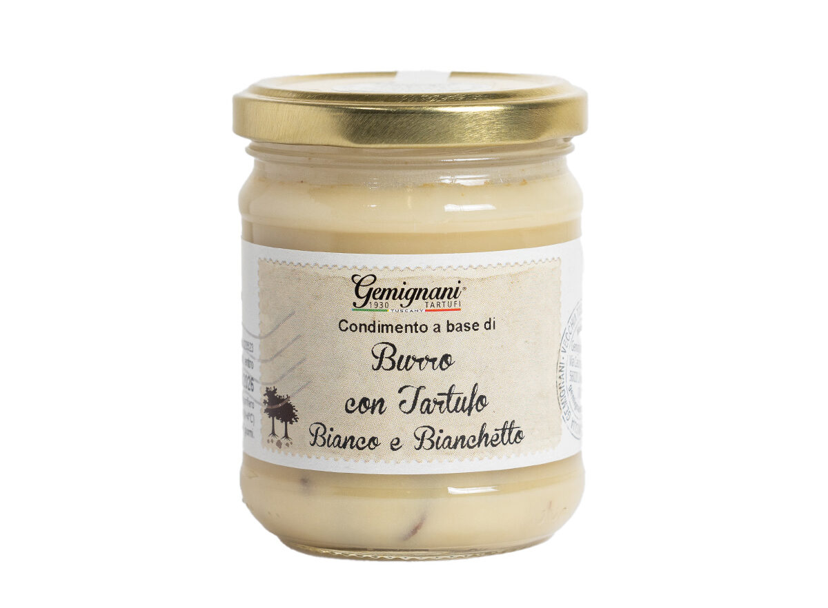 Mantequilla con trufa blanca Gemignani Tartufi · Especialidad gourmet italiana Mantequilla con trufa blanca Gemignani Tartufi · Condimento gourmet italiano de trufa blanca y bianchetto