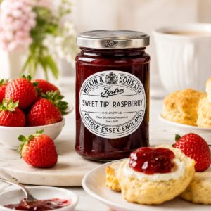Mermelada de frambuesa Sweet Tip Tiptree Wilkin & Sons con scones y frambuesas frescas