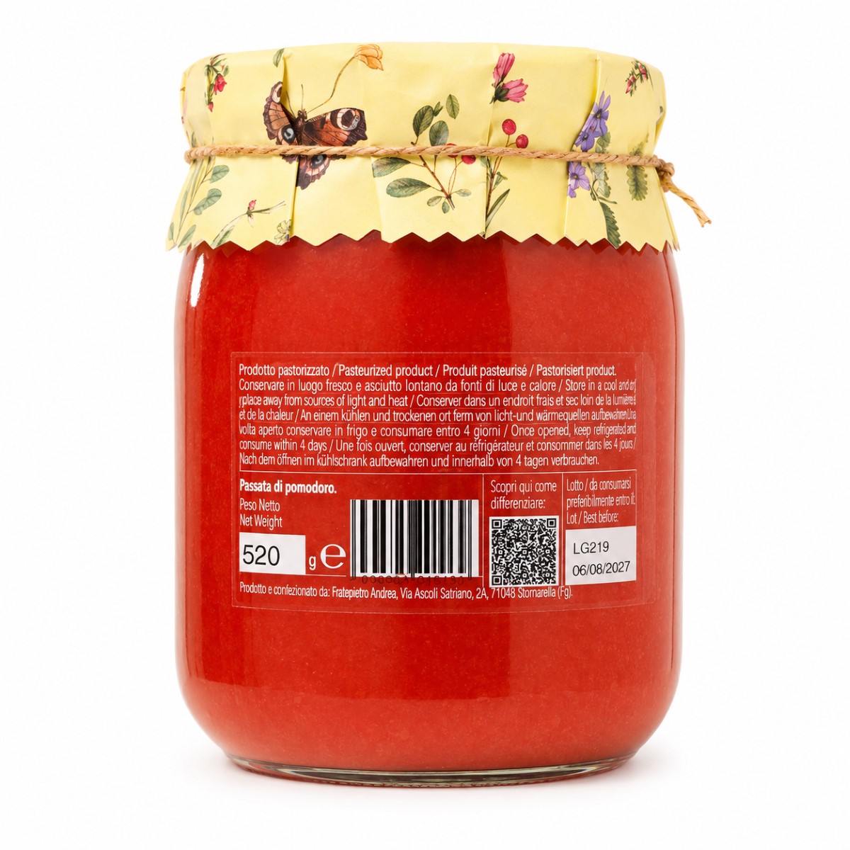 Passata de Tomate Italiana Fratepietro · 520 g · Etiqueta Etiqueta posterior de Passata de Tomate Italiana Fratepietro 520 g con conservación, lote y consumo preferente