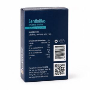 Etiqueta posterior de Sardinillas Catalina 16-22 en Aceite de Oliva 111 g con ingredientes e información nutricional