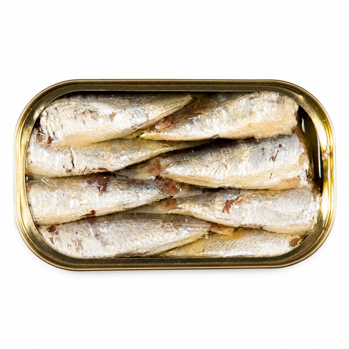 Sardinillas en Aceite de Oliva José Peña 16-20 Piezas Detalle Sardinillas en aceite de oliva José Peña 16-20 piezas en lata abierta sobre fondo blanco