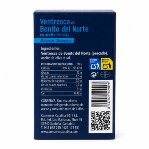Etiqueta posterior de Ventresca de Bonito del Norte Catalina Selección Suprema en Aceite de Oliva 120 g con ingredientes e información nutricional