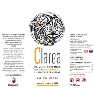 Etiqueta trasera vino dulce Clarea con miel edición limitada 2025