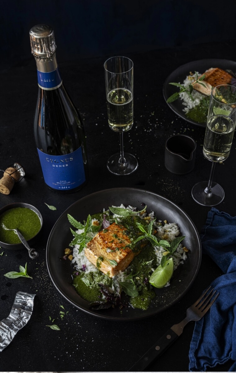 Maridaje con Cava Cygnus Deneb Brut Nature U MES U cava cygnus deneb brut nature maridaje con salmon y arroz aromatico