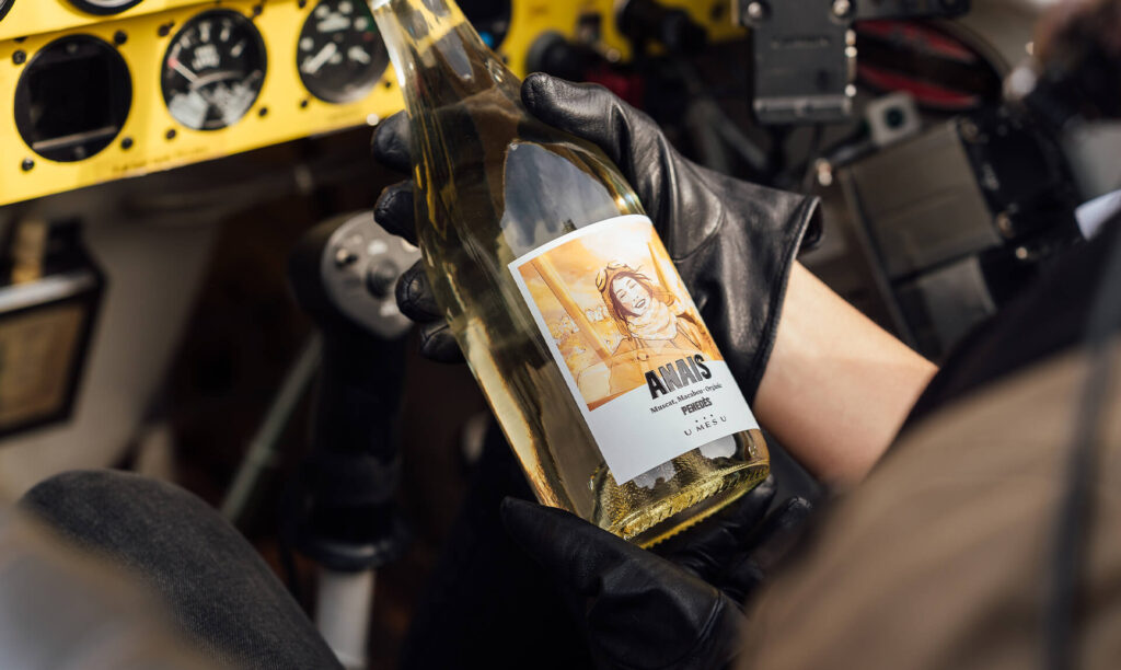 vino anais muscat u mes u penedès botella en cabina avión inspiración vuelo