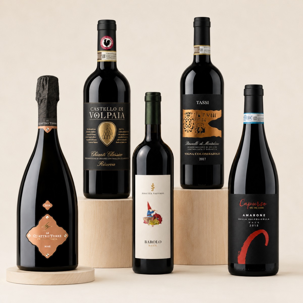 Cesta Vinos Reserva Premium · 5 Botellas Cesta Vinos Reserva Premium 5 botellas con Franciacorta, Chianti Classico, Barolo, Brunello y Amarone