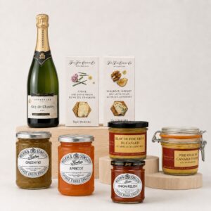 Cesta Gourmet de Foie Gras y Champagne Francés Grand Cru 8 productos con foie, champagne, crackers y confituras