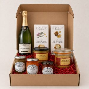 Cesta Gourmet de Foie Gras y Champagne Francés Grand Cru 8 productos en caja regalo con foie, champagne, crackers y confituras