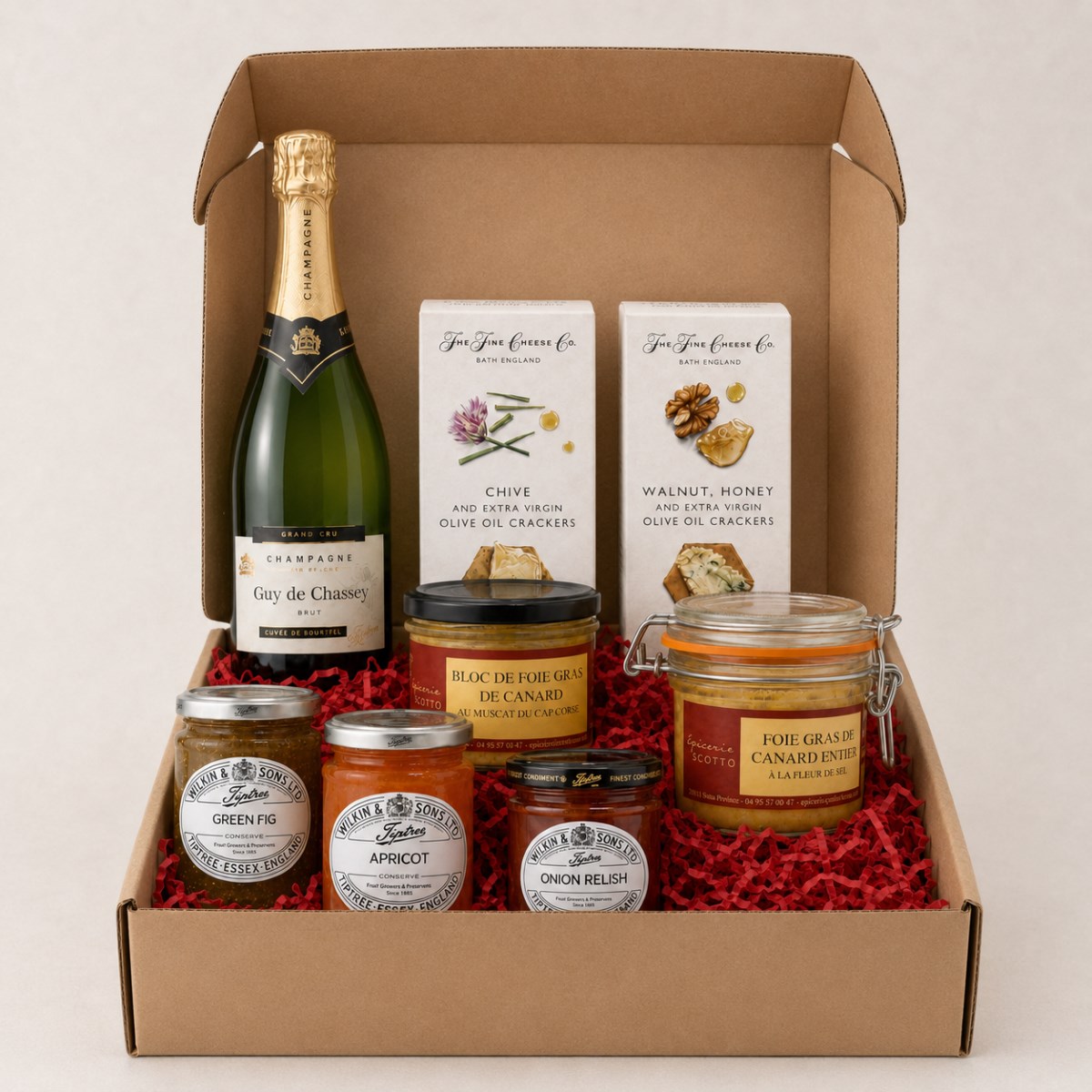 Cesta Gourmet de Foie Gras y Champagne Francés Grand Cru · 8 Productos · Caja Regalo Cesta Gourmet de Foie Gras y Champagne Francés Grand Cru 8 productos en caja regalo con foie, champagne, crackers y confituras