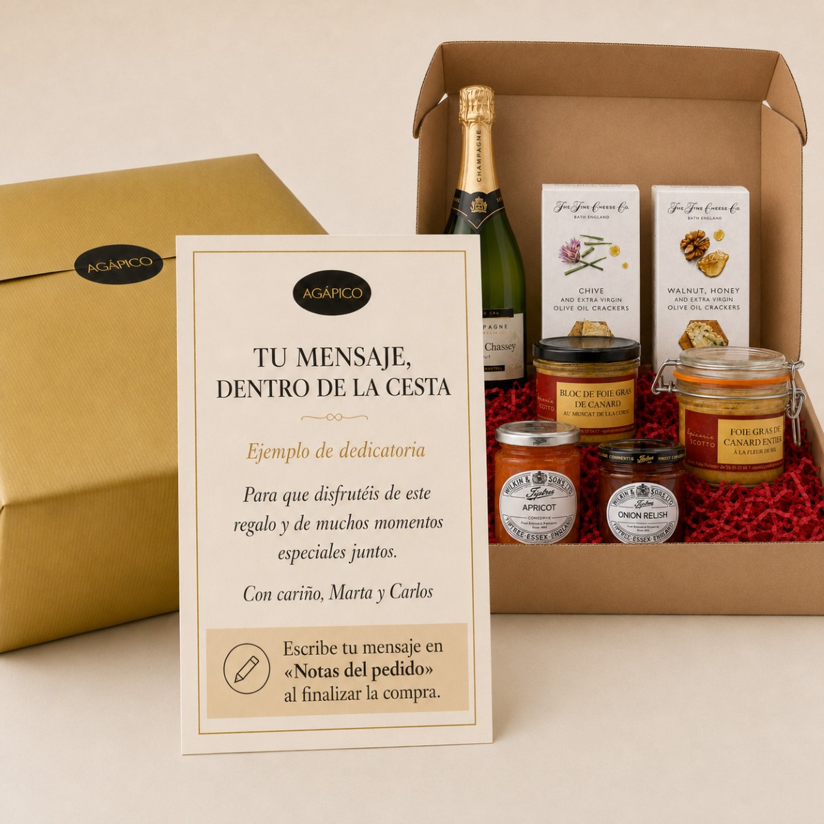 Tarjeta Cesta Gourmet de Foie Gras y Champagne Francés Grand Cru · 8 Productos Tarjeta dedicatoria personalizada para Cesta Gourmet de Foie Gras y Champagne Francés Grand Cru 8 productos