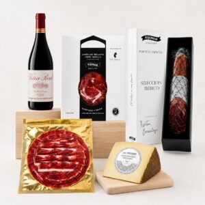 Cesta Gourmet de Ibéricos de Bellota, Queso Manchego y Vino Rioja 5 productos