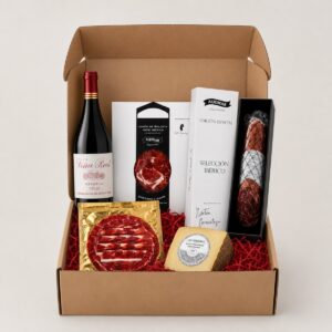 Cesta Gourmet de Ibéricos de Bellota, Queso Manchego y Vino Rioja 5 productos en caja regalo
