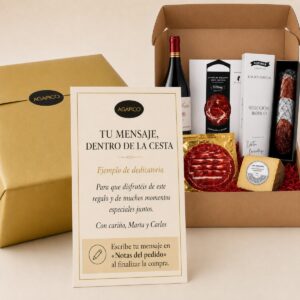 Tarjeta dedicatoria personalizada para Cesta Gourmet de Ibéricos de Bellota, Queso Manchego y Vino Rioja 5 productos