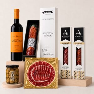 Cesta Gourmet de Ibéricos de Salamanca y Vino Tinto con jamón, chorizo, salchichón y aceitunas