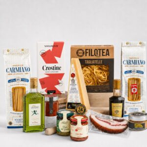 Cesta Gourmet de Pasta Selección Italiana con pasta, pesto, Parmigiano, guanciale, bottarga, crostine, AOVE y balsámico