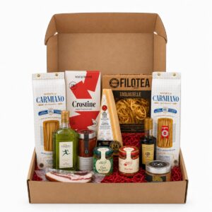 Cesta Gourmet de Pasta Selección Italiana 12 productos en caja regalo con pasta, AOVE, pesto, balsámico, Parmigiano, trufa y bottarga
