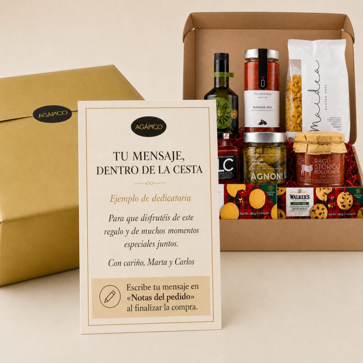 Tarjeta Cesta Regalo Sin Gluten Selección Gourmet · 8 Productos Tarjeta dedicatoria personalizada para Cesta Regalo Sin Gluten Selección Gourmet 8 productos