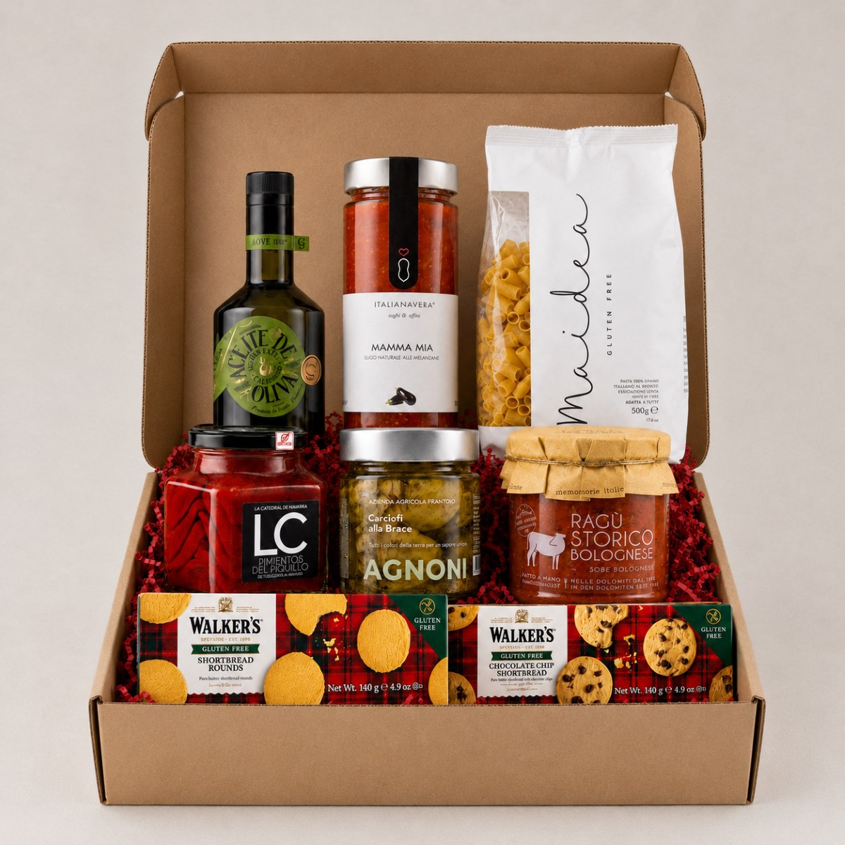 Cesta Regalo Sin Gluten Selección Gourmet · 8 Productos · Caja Regalo Cesta Regalo Sin Gluten Selección Gourmet 8 productos en caja regalo con pasta, salsas, AOVE, verduras y galletas Walkers
