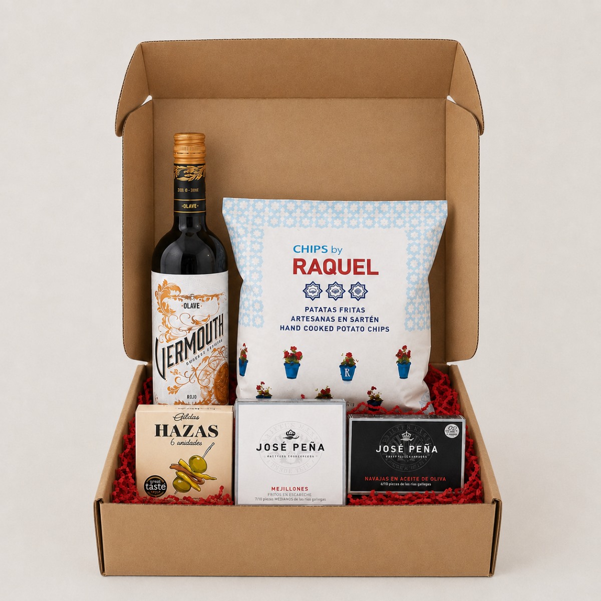 Cesta Vermut Cantábrico Gourmet · 9 Productos Cesta Vermut Cantábrico Gourmet 9 productos en caja regalo con vermut, patatas, gildas y conservas José Peña
