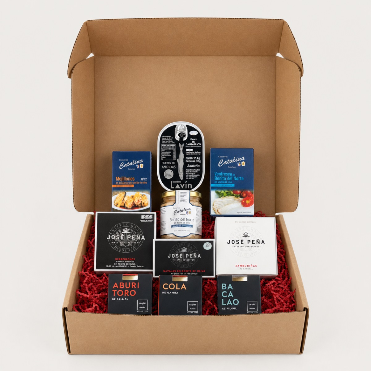 Cesta de Conservas Gourmet de Pescado y Marisco · 10 Productos Cesta de Conservas Gourmet de Pescado y Marisco 10 productos con anchoas, bonito, ventresca, mejillones, berberechos, navajas, zamburiñas, salmón, gamba y bacalao