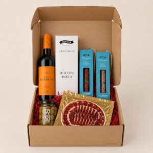 Cesta de Ibéricos Tradicionales de Salamanca y Vino Tinto 6 productos en caja regalo con vino, ibéricos y aceitunas