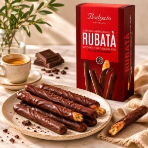 Grissini Rubatà con Chocolate Negro Bodrato servidos con café, chocolate y estuche rojo en escena de sobremesa