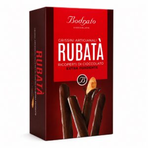Grissini Rubatà con Chocolate Negro Bodrato en estuche rojo sobre fondo blanco