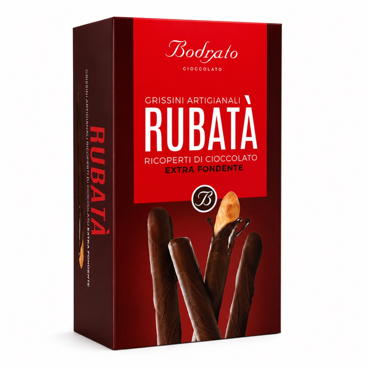Grissini Rubatà con Chocolate Negro Bodrato Grissini Rubatà con Chocolate Negro Bodrato en estuche rojo sobre fondo blanco