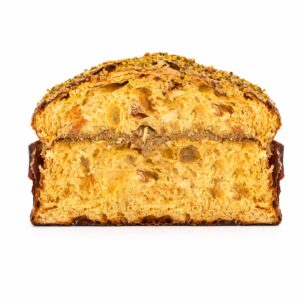 Panettone de Pistacho De Vivo 600 g cortado con miga esponjosa y cobertura de pistacho