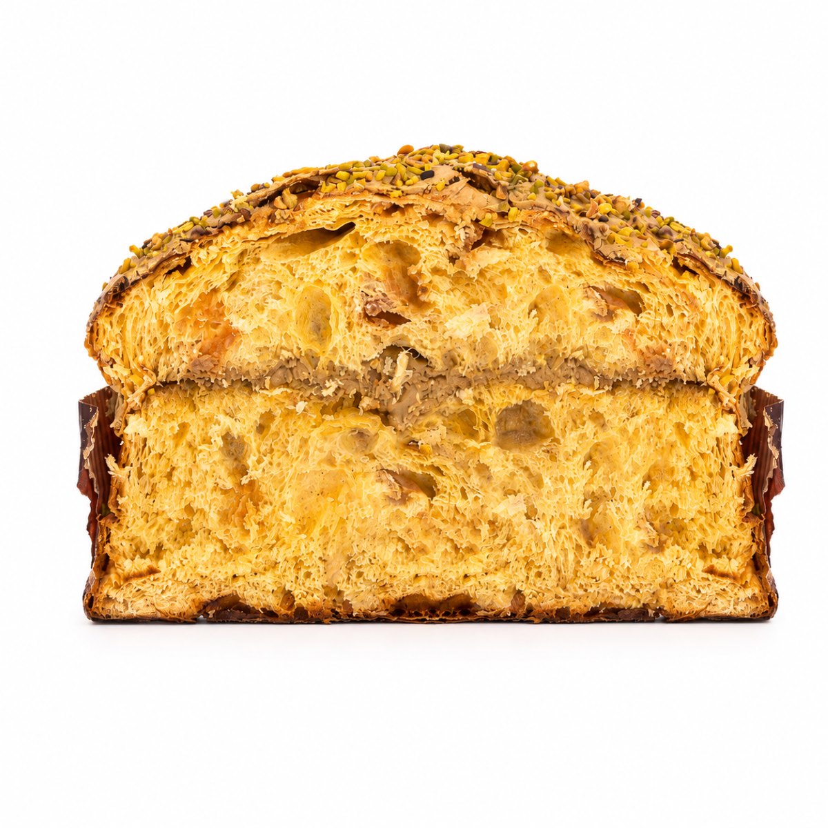 Interior de panettone de pistacho De Vivo mostrando la miga