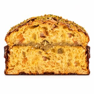 Panettone de Pistacho De Vivo 600 g cortado con relleno y cobertura de pistacho