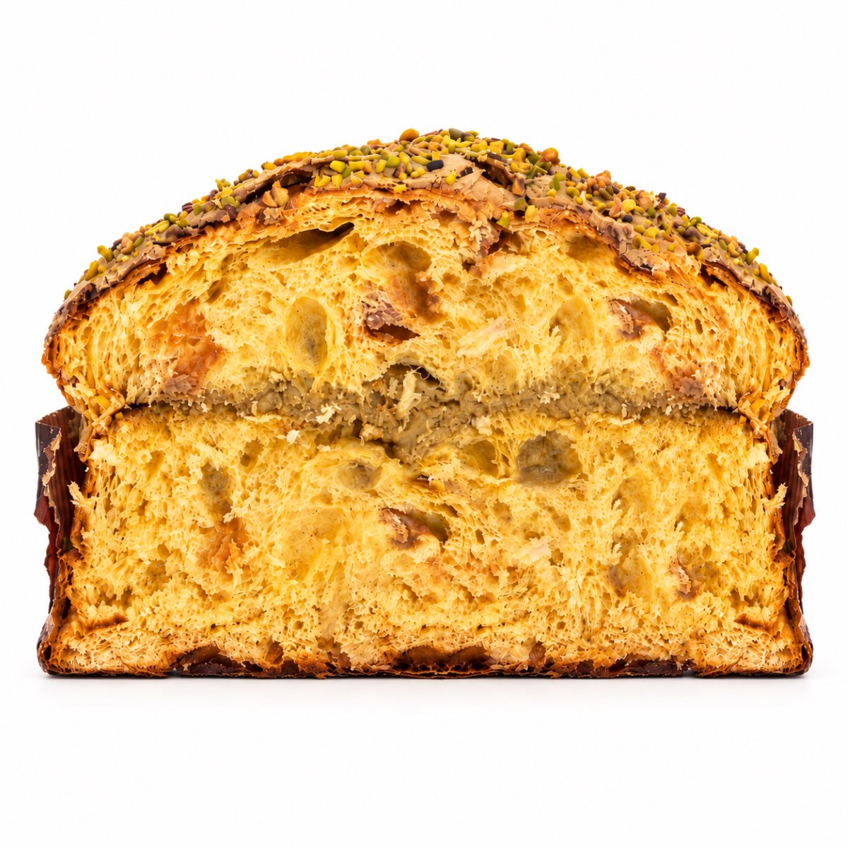 Panettone de Pistacho De Vivo · 600 g · Corte Interior Panettone de Pistacho De Vivo 600 g cortado con relleno y cobertura de pistacho