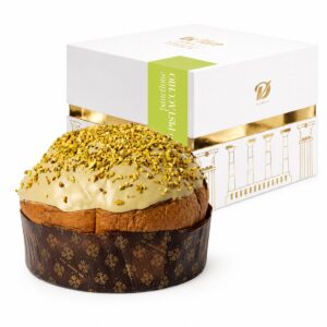 Panettone de Pistacho De Vivo 600 g con cobertura de pistacho y estuche blanco