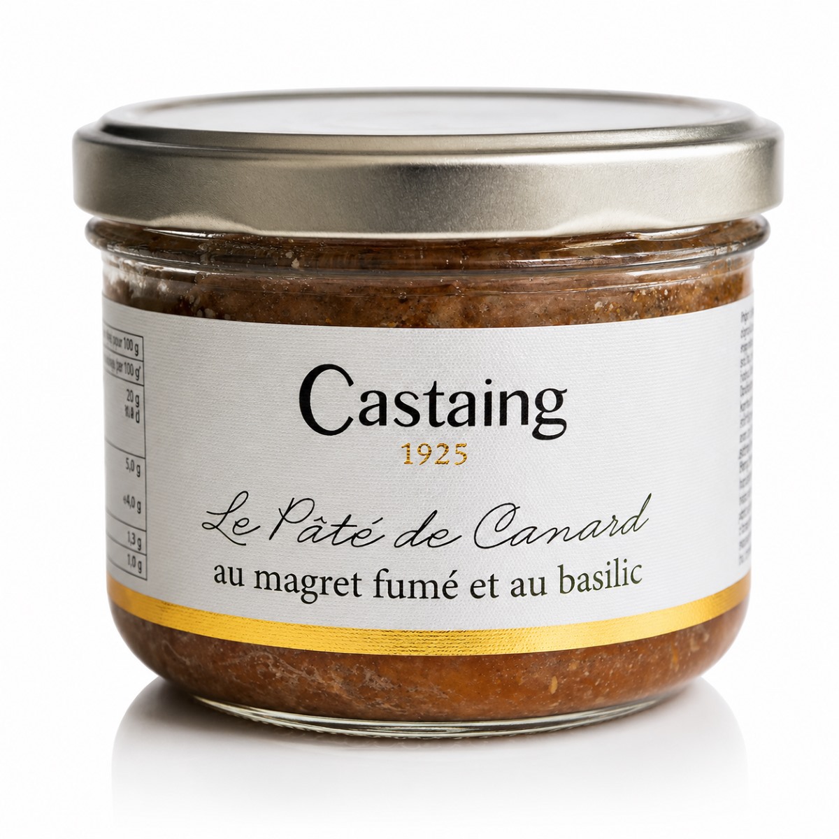 Paté de Pato con Magret Ahumado y Albahaca Castaing Paté de pato con magret ahumado y albahaca Castaing en tarro de cristal sobre fondo blanco
