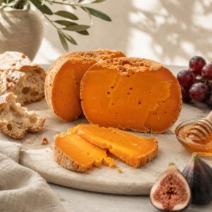 Queso Mimolette curado Llenques servido con pan, uvas, higos y miel sobre tabla de piedra