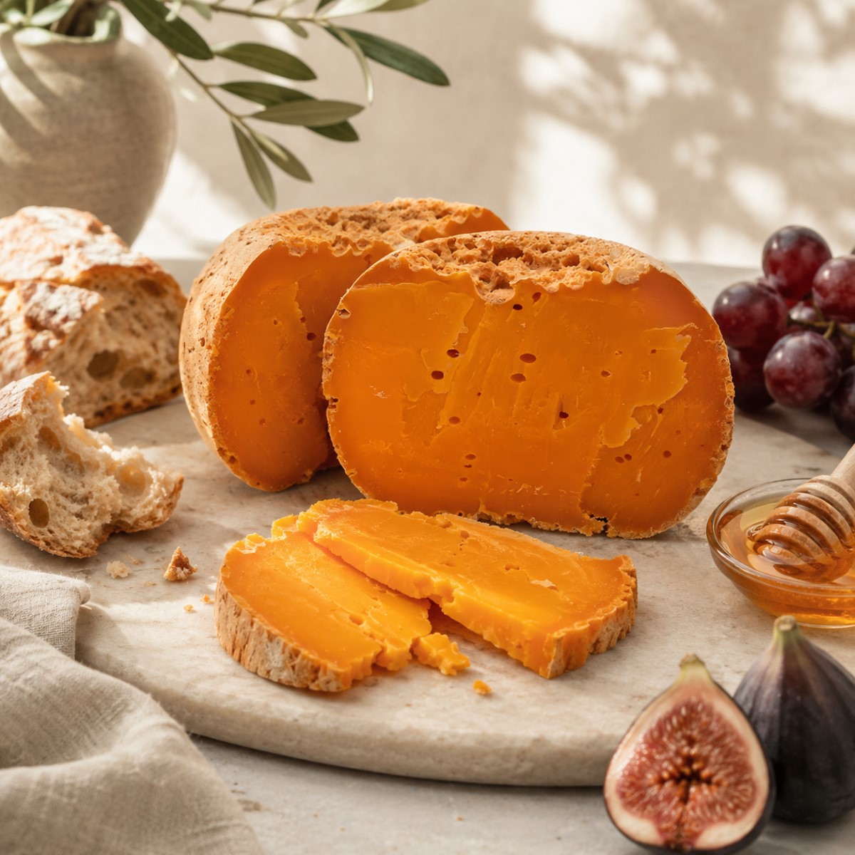 Queso Mimolette Curado Llenques Servido Queso Mimolette curado Llenques servido con pan, uvas, higos y miel sobre tabla de piedra
