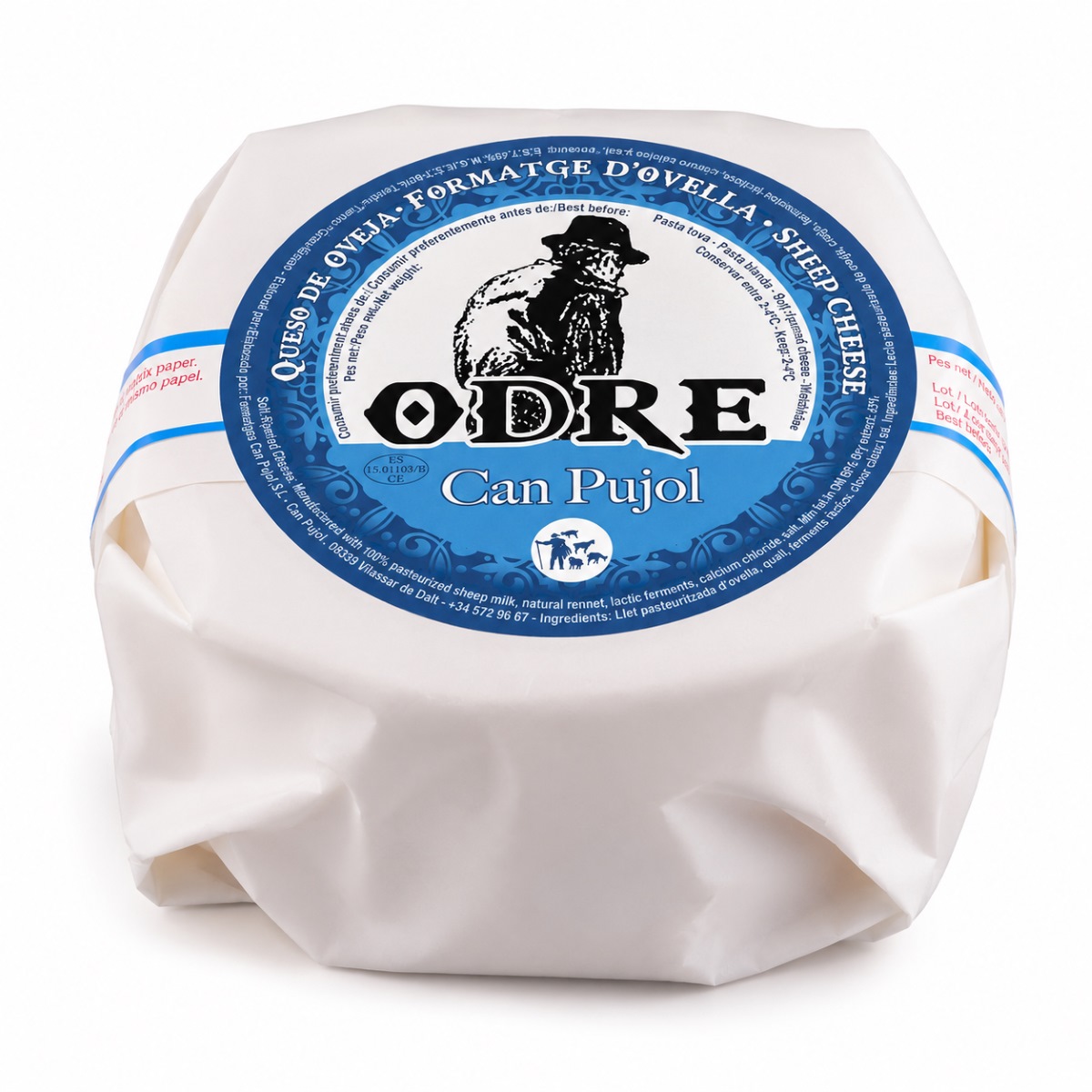 Queso de Oveja Odre Can Pujol Queso de oveja Odre Can Pujol en pieza entera con envoltorio original sobre fondo blanco