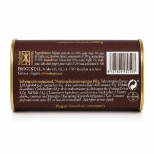 Etiqueta posterior de Bloc de Foie Gras de Oca Trufado Imperia 200 g sin gluten con ingredientes e información nutricional