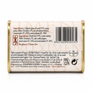 Etiqueta posterior de Bloc de Foie de Pato con Pedro Ximénez Reserva Lustau Imperia 130 g sin gluten con ingredientes e información nutricional