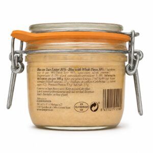 Etiqueta posterior de Bloc de Foie Gras de Pato con Tacos Enteros 30% Imperia con ingredientes e información nutricional