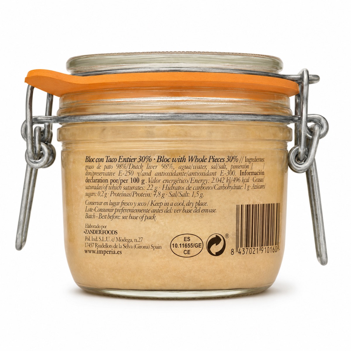 Bloc de Foie Gras de Pato con Tacos Enteros 30% Imperia · Etiqueta Etiqueta posterior de Bloc de Foie Gras de Pato con Tacos Enteros 30% Imperia con ingredientes e información nutricional