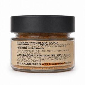 Etiqueta posterior de Botarga de Mújol Rallada Gusti Pregiati 40 g con ingredientes y conservación