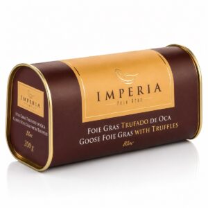 Foie Gras de Oca Trufado en Bloc Imperia 200 g en estuche cilíndrico marrón y dorado sobre fondo blanco