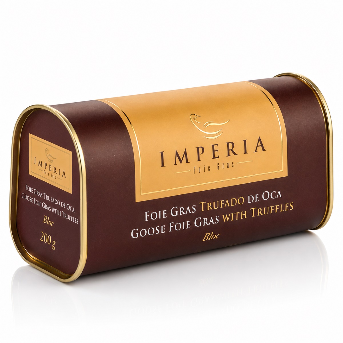 Foie Gras de Oca Trufado en Bloc Imperia 200 g Foie Gras de Oca Trufado en Bloc Imperia 200 g en estuche cilíndrico marrón y dorado sobre fondo blanco