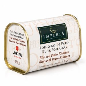 Foie Gras de Pato al Pedro Ximénez Imperia 130 g en estuche cilíndrico blanco sobre fondo blanco
