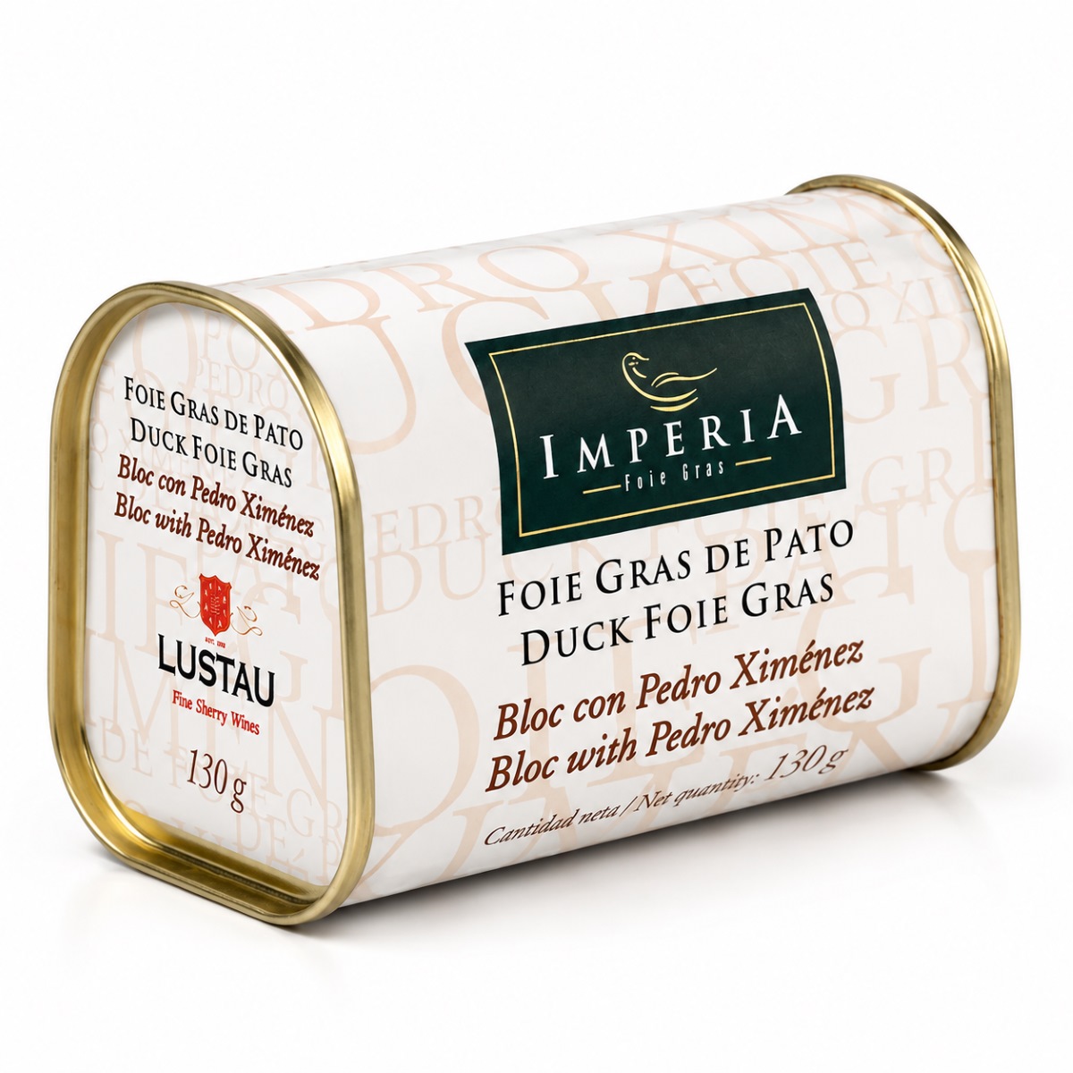 Foie Gras de Pato al Pedro Ximénez Imperia 130 g Foie Gras de Pato al Pedro Ximénez Imperia 130 g en estuche cilíndrico blanco sobre fondo blanco