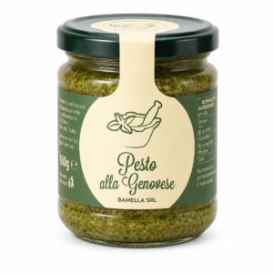 Pesto alla Genovese Bamella 180 g en tarro de cristal sobre fondo blanco