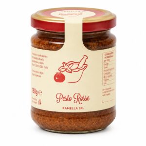Pesto Rosso Italiano Ramella 180 g en tarro de cristal sobre fondo blanco