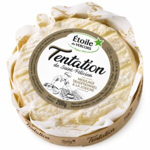 Queso Saint-Félicien Étoile du Vercors 200 g en envase original sobre fondo blanco