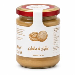 Salsa de Nueces Ramella 180 g en tarro de cristal sobre fondo blanco